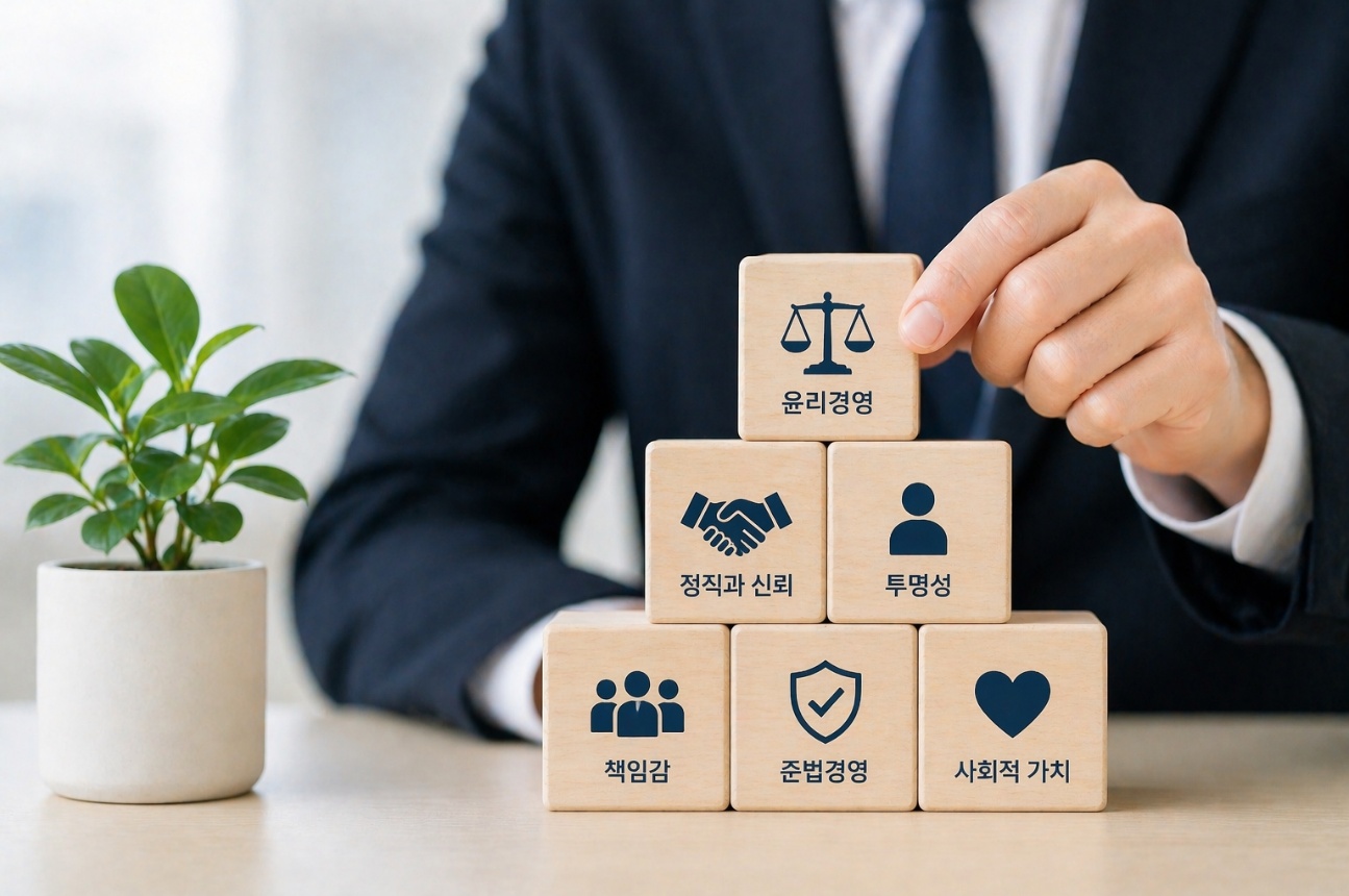 윤리경영 핵심 가치 - 정직과 신뢰, 투명성, 책임감, 준법경영, 사회적 가치